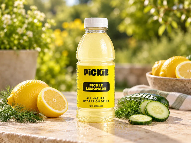 Chilled PiCKiE Pickle Lemonade with fresh lemon, cucumber and dill in the sunshine