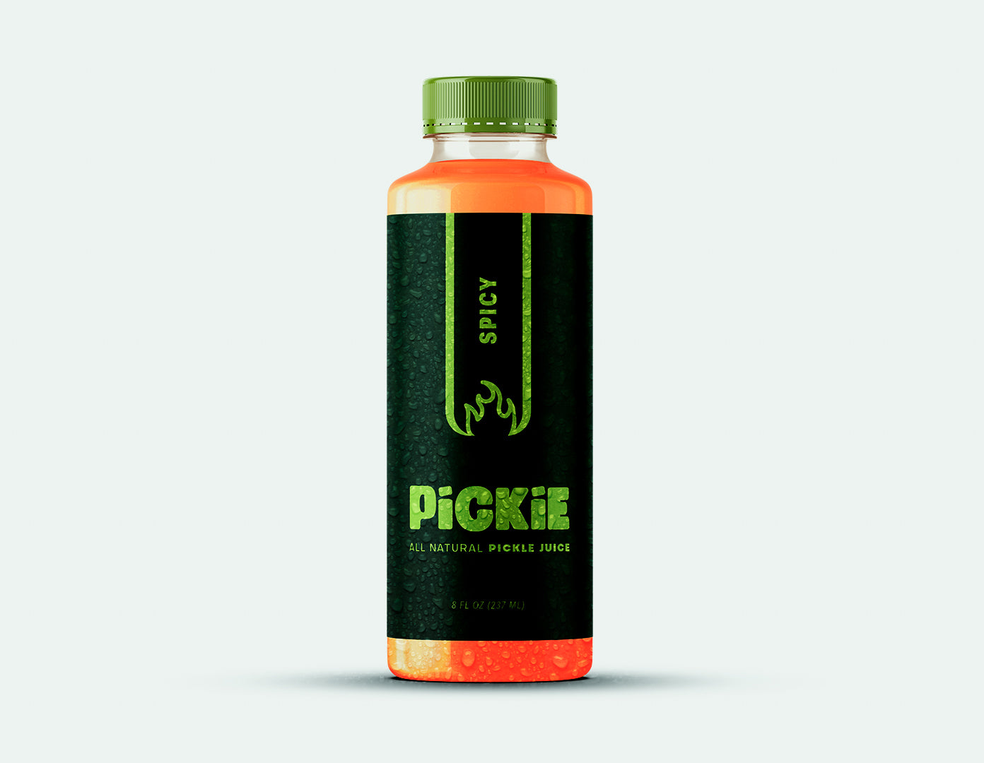 PiCKiE Spicy pickle juice bottle featuring bold flavor with real guajillo pepper and natural ingredients