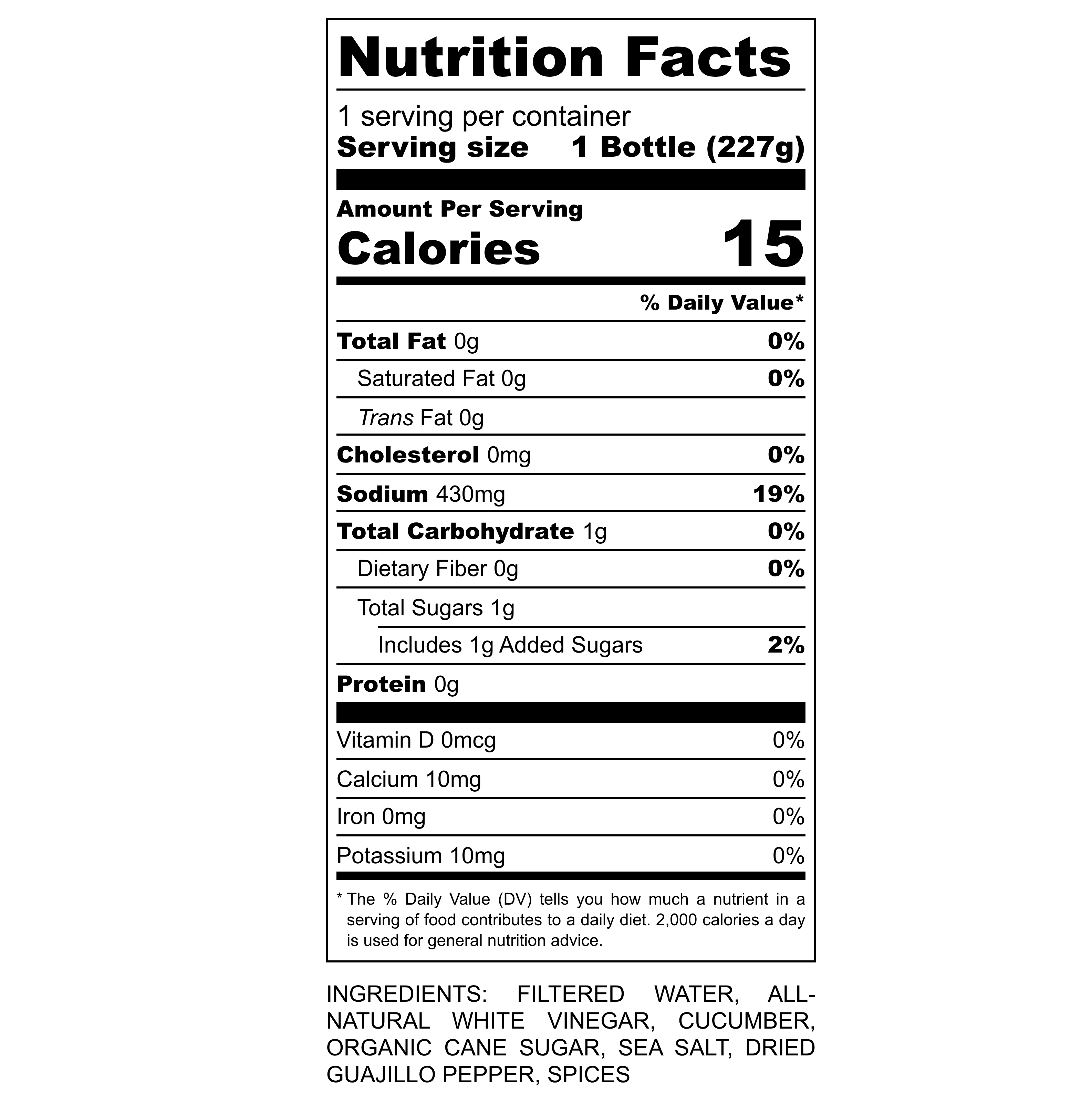 Nutrition label for PiCKiE Spicy pickle juice showing 15 calories per 8 oz bottle, 430mg sodium, 1g total sugars. Contains 0g fat or cholesterol. Ingredients listed are filtered water, all-natural white vinegar, cucumber, organic cane sugar, sea salt, dried guajillo pepper, and spices