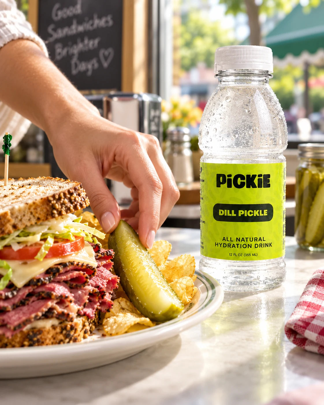 PiCKiE with a deli sandwich and pickle spear