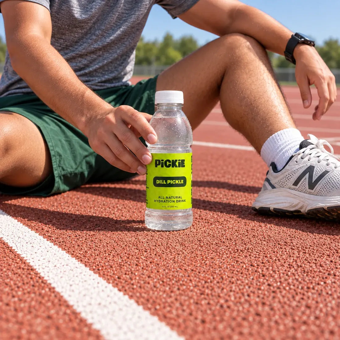 PiCKiE Dill Pickle beside a seated athlete on a running track