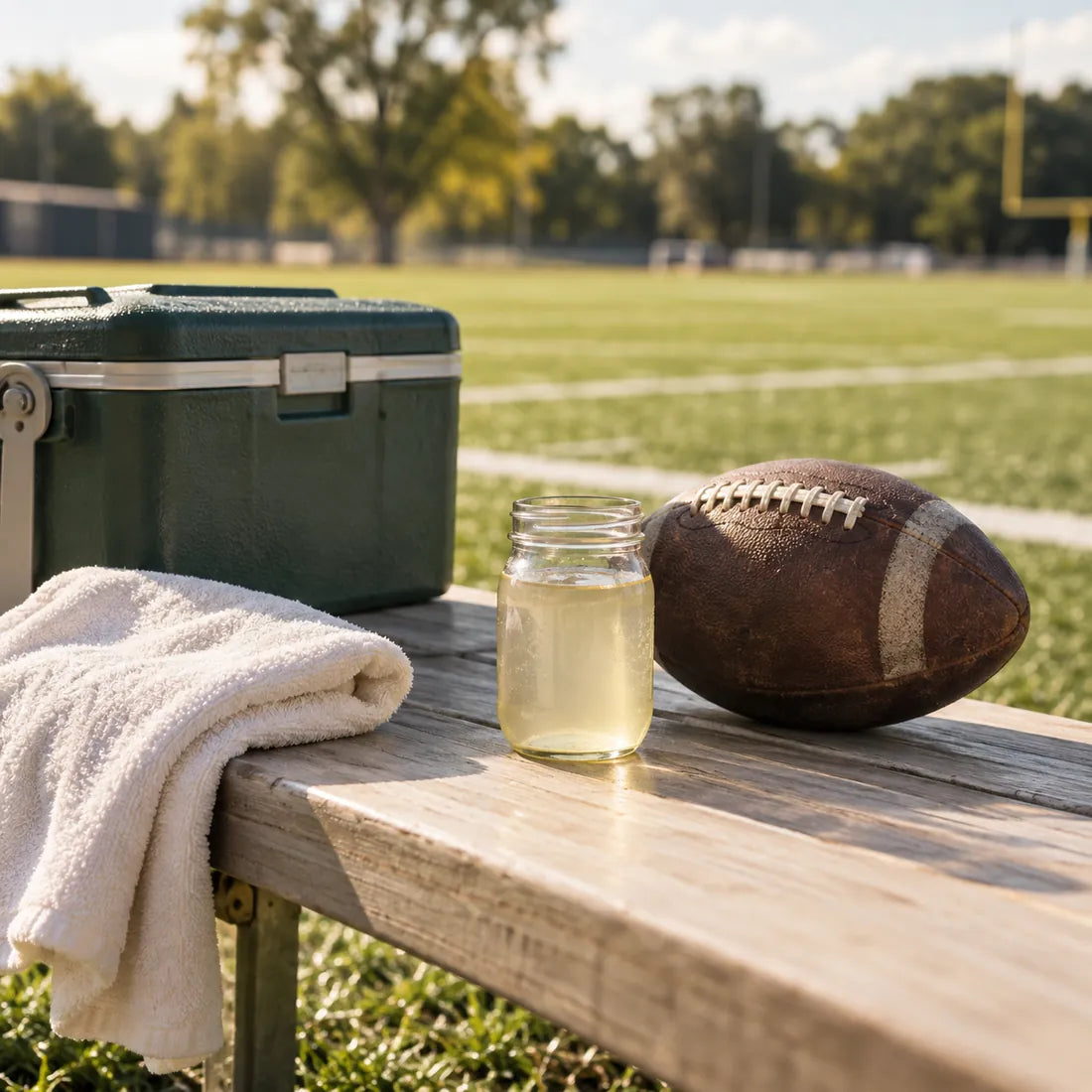 Illustrative football sideline with a cooler, towel, football and unbranded jar of brine
