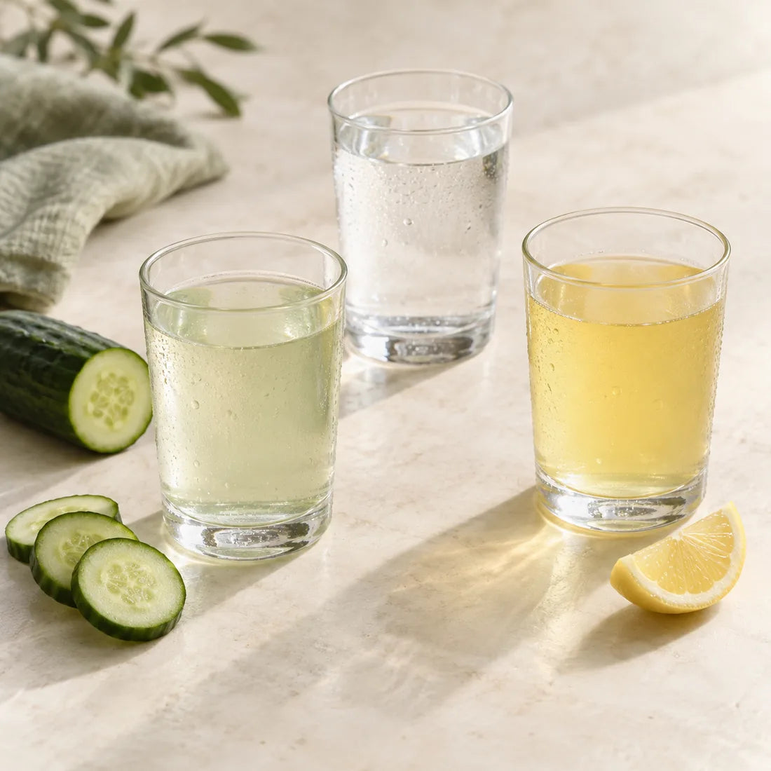 Illustrative still life of three unbranded drinks with cucumber and lemon
