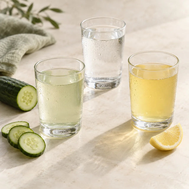 Illustrative still life of three unbranded drinks with cucumber and lemon