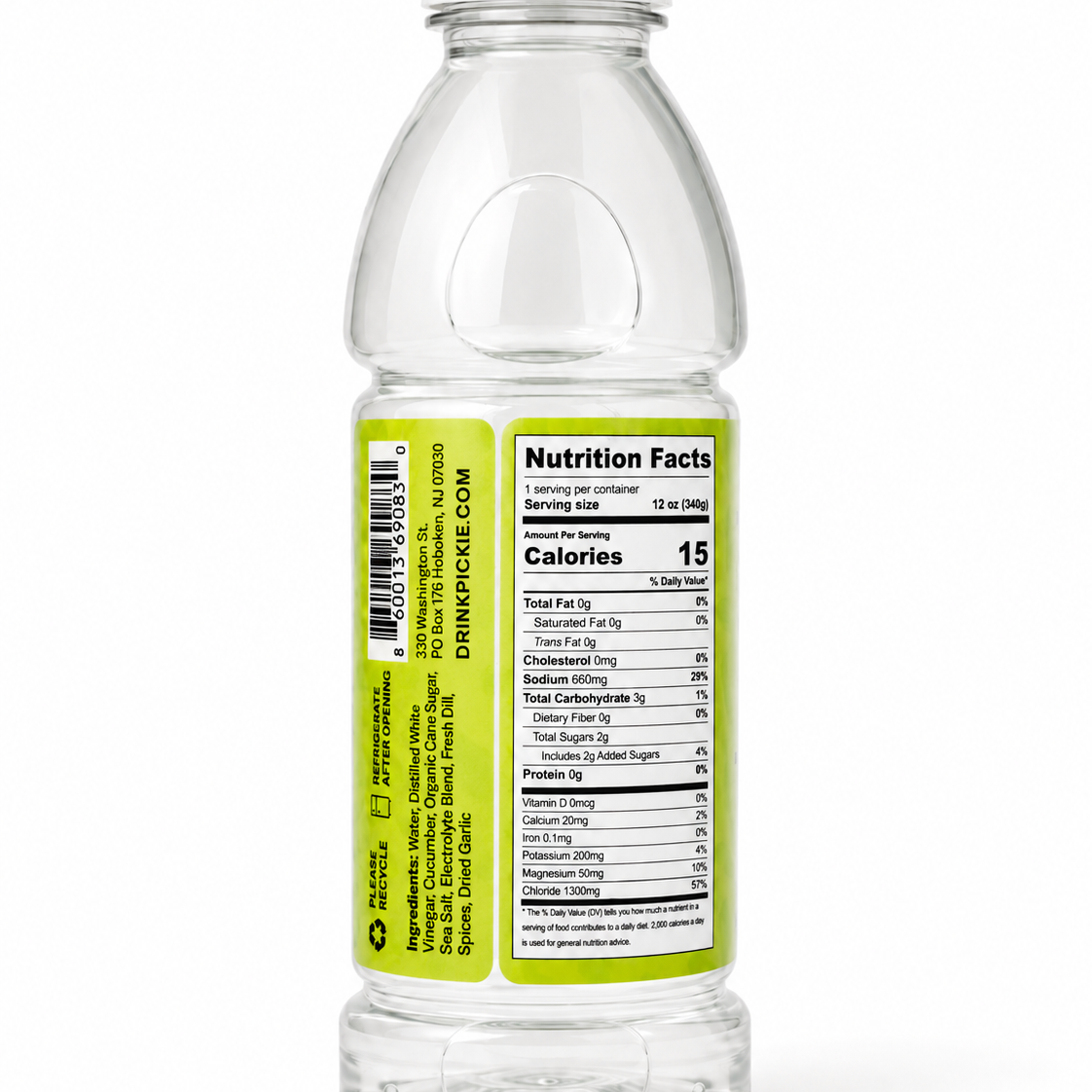 Clear plastic pickle juice bottle with a green label displaying nutrition facts on a white background