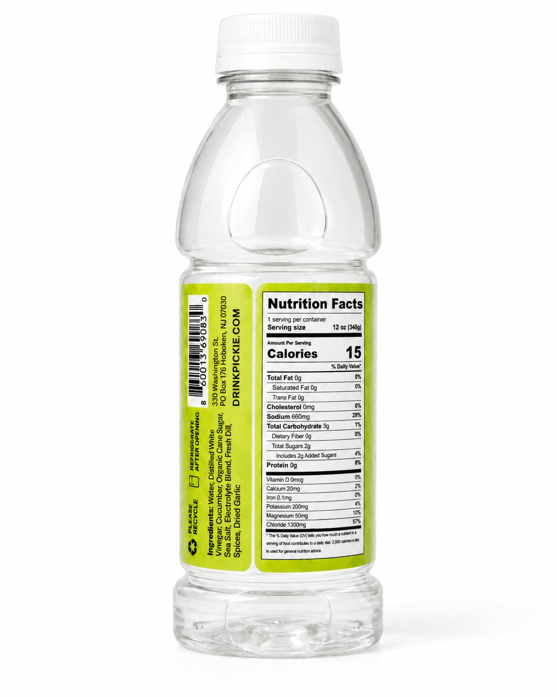Clear plastic pickle juice bottle with a green label displaying nutrition facts on a white background