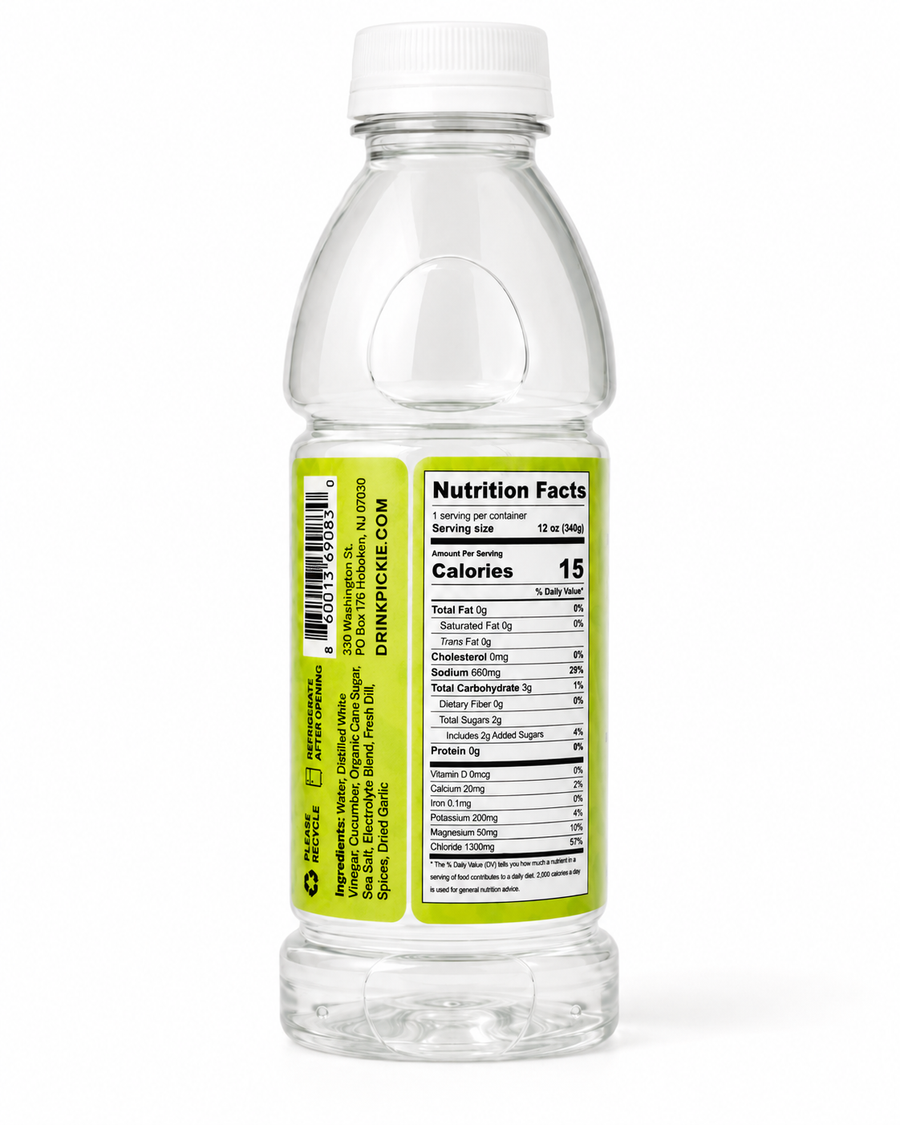 Clear plastic pickle juice bottle with a green label displaying nutrition facts on a white background
