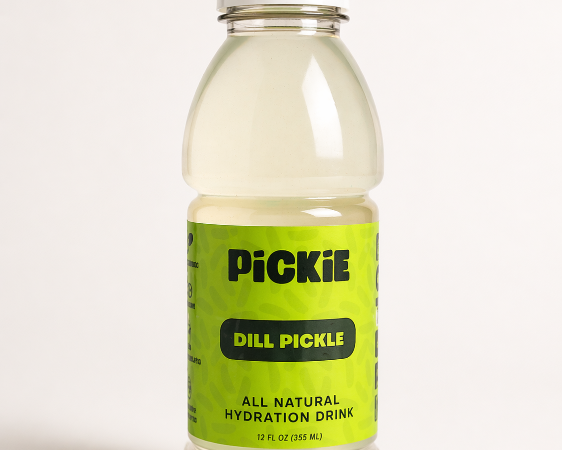 Bottle of Pickie Dill Pickle all natural hydration drink on a white background