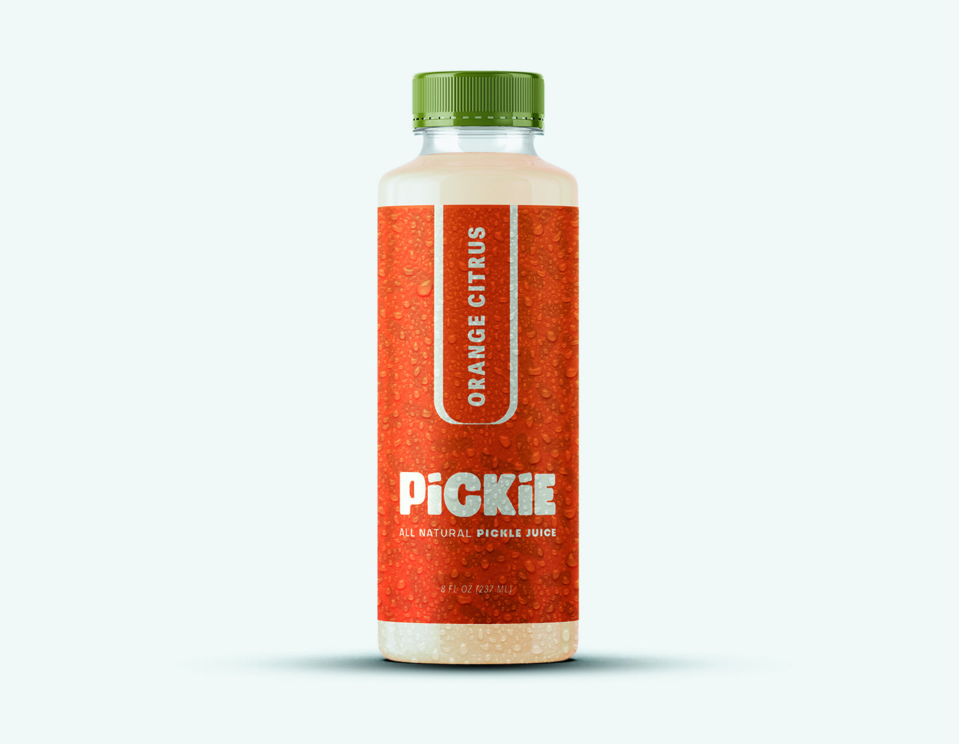 PiCKiE Orange Citrus pickle juice bottle featuring bright, tangy flavor with real orange juice, citrus zest, and natural ingredients.