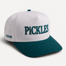 White and teal cap with 'PiCKLES' text on a white background