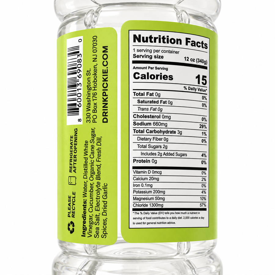 Nutrition facts label on a pickle juice bottle with green and black text.
