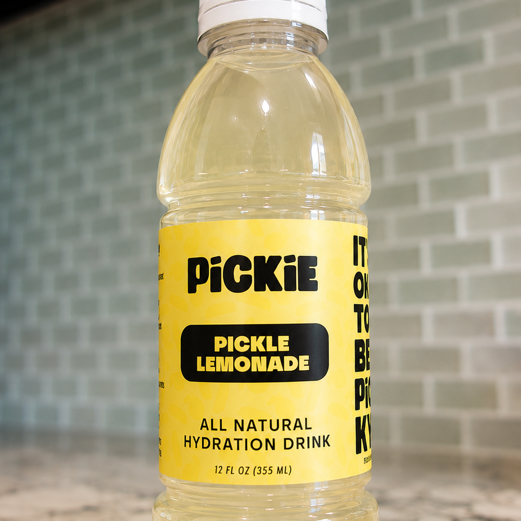 A bottle of Pickle Lemonade all natural hydration drink, featuring a bright yellow label and white cap, set on a granite countertop with a tiled backsplash in the background.