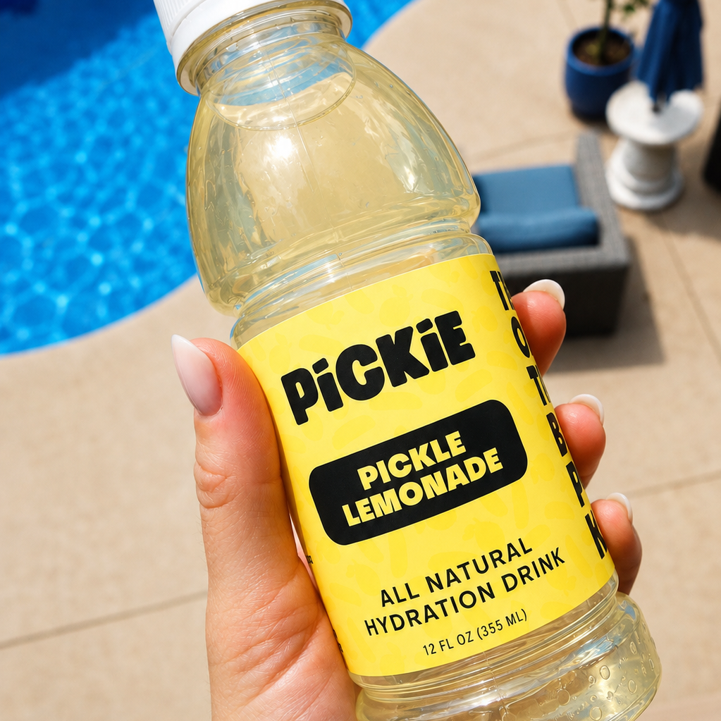 A hand holds a bottle of Pickie Pickle Lemonade all natural hydration drink, set against a sunny outdoor poolside background.