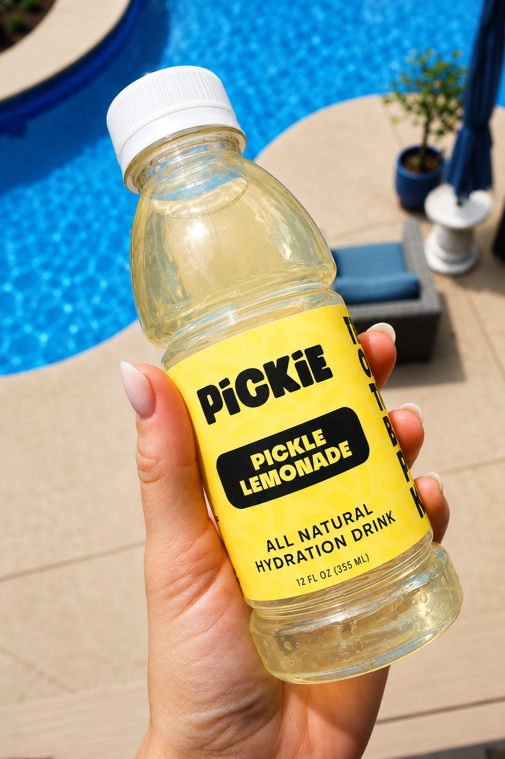 A hand holds a bottle of Pickie Pickle Lemonade all natural hydration drink, set against a sunny outdoor poolside background.