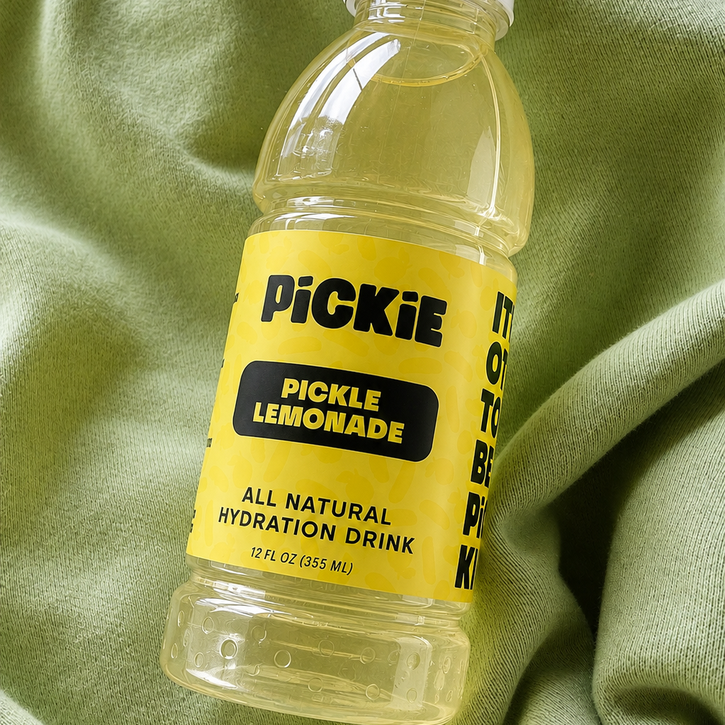 A 12 fl oz bottle of PickKie Pickle Lemonade all natural hydration drink, featuring a bright yellow label and white cap, resting on a textured sage green fabric background.