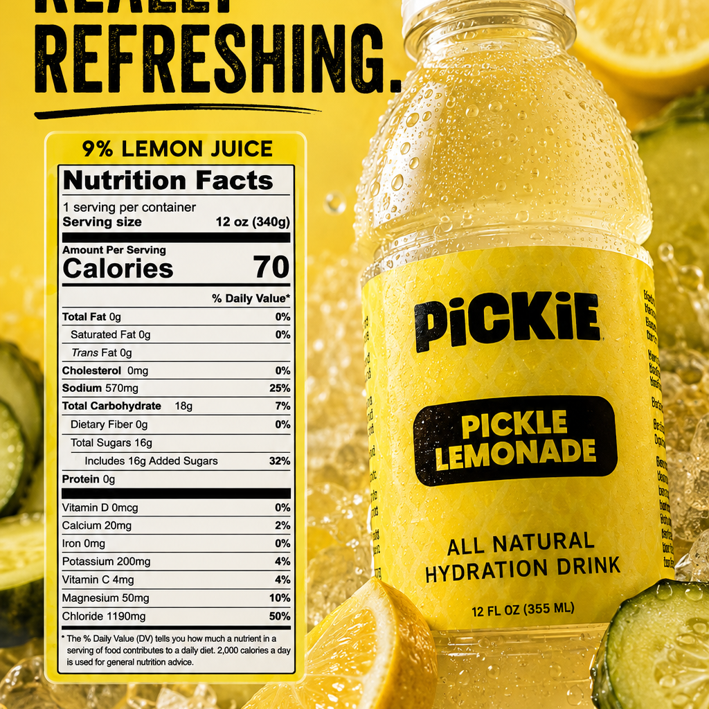 A bottle of Picklie Lemonade all natural hydration drink with a large yellow label, shown alongside a detailed nutrition facts panel. The background is a dynamic, textured collage of fresh lemons, limes, and ice cubes, with bold text reading 'REAL HYDRATION.
