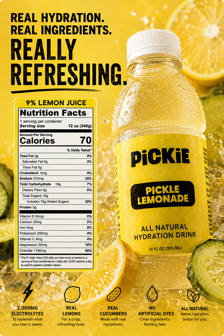A bottle of Picklie Lemonade all natural hydration drink with a large yellow label, shown alongside a detailed nutrition facts panel. The background is a dynamic, textured collage of fresh lemons, limes, and ice cubes, with bold text reading 'REAL HYDRATION.