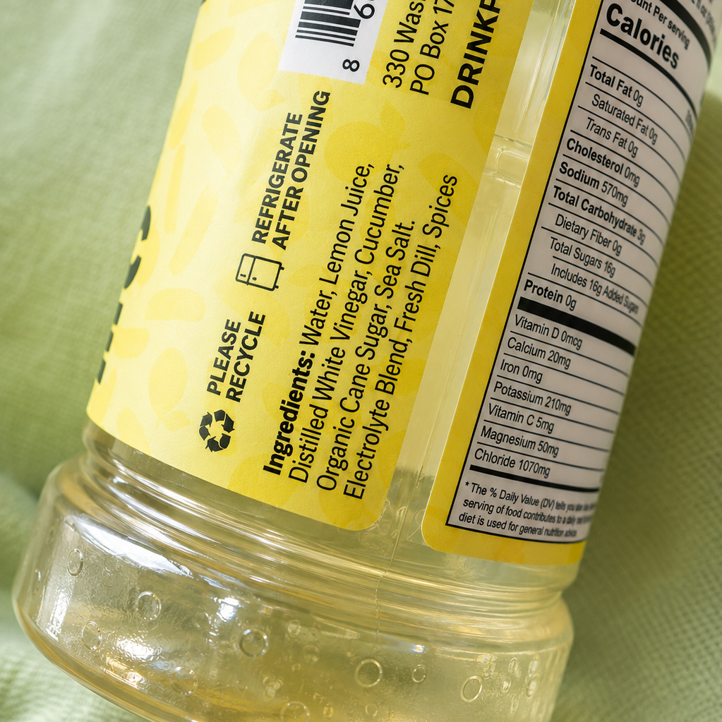 A close-up of a clear plastic bottle of electrolyte drink mix with a yellow label, showing the back of the package including barcode, ingredients, and nutrition facts, resting on a light green textured fabric.