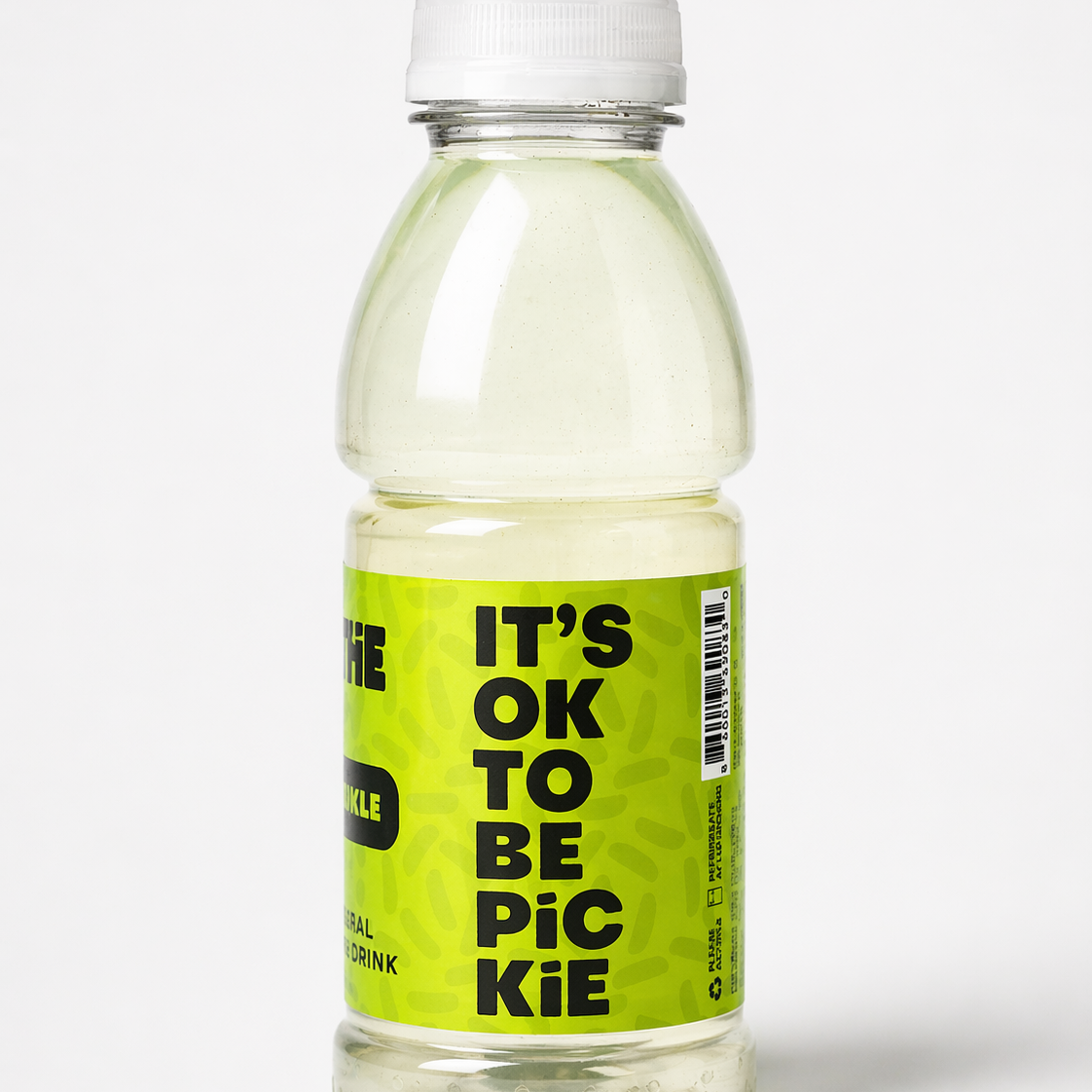 Bottle of 'It's Ok to Be Picie' drink with a green label on a white background