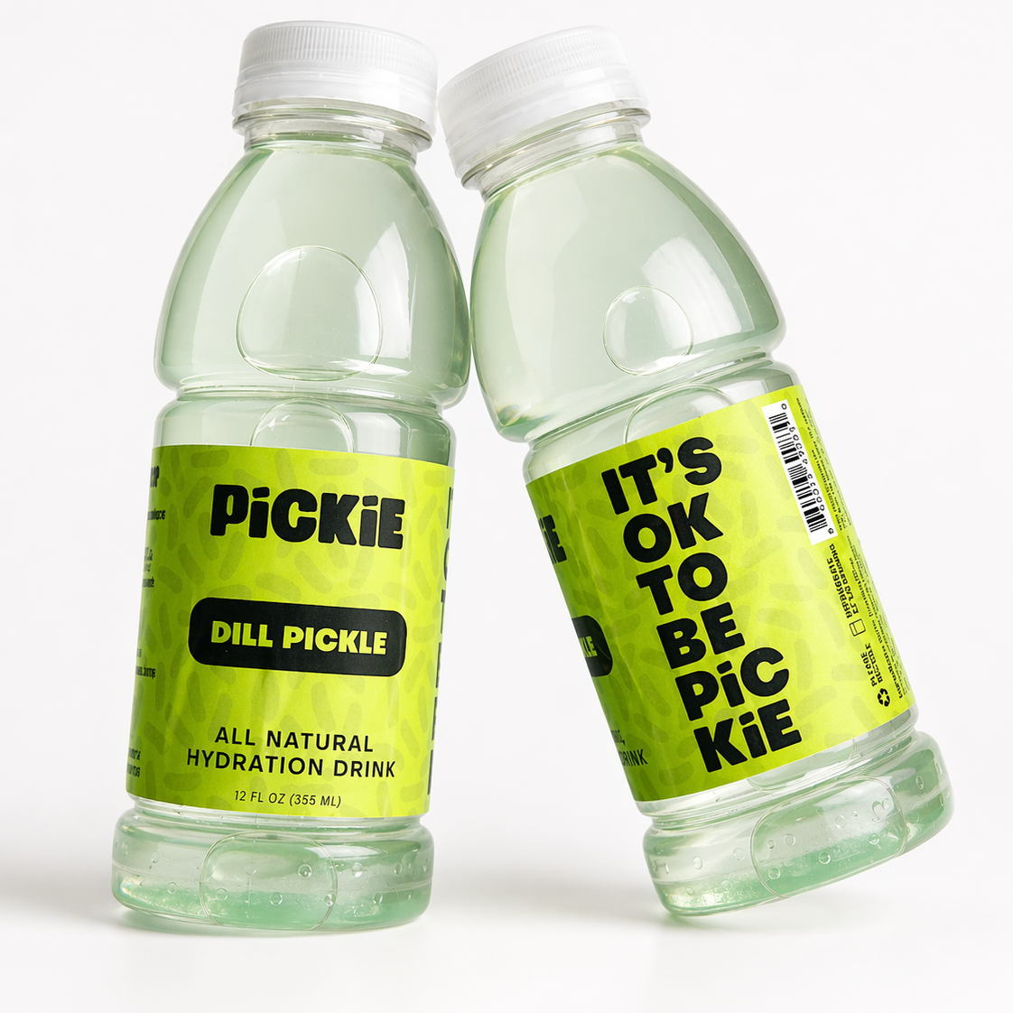 Two bottles of Pickie dill pickle all natural hydration drink on a white background
