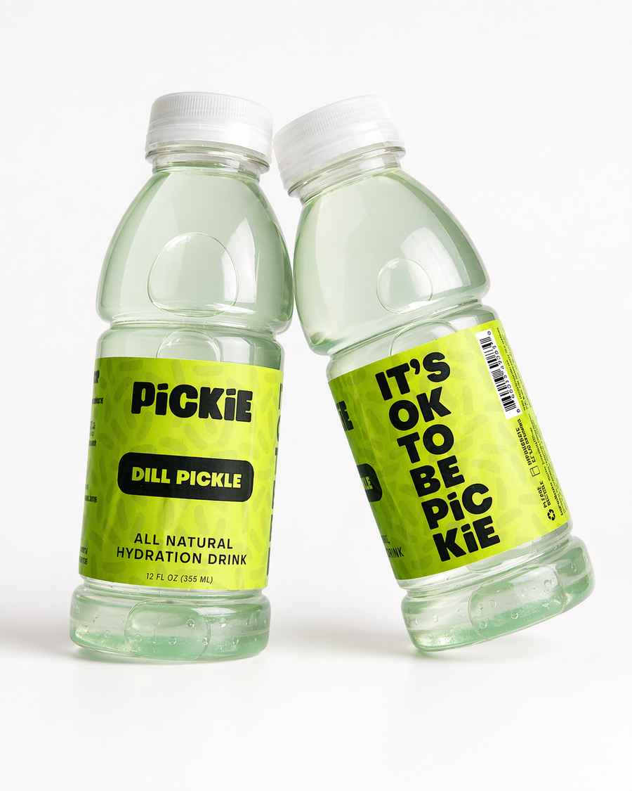Two bottles of Pickie dill pickle all natural hydration drink on a white background