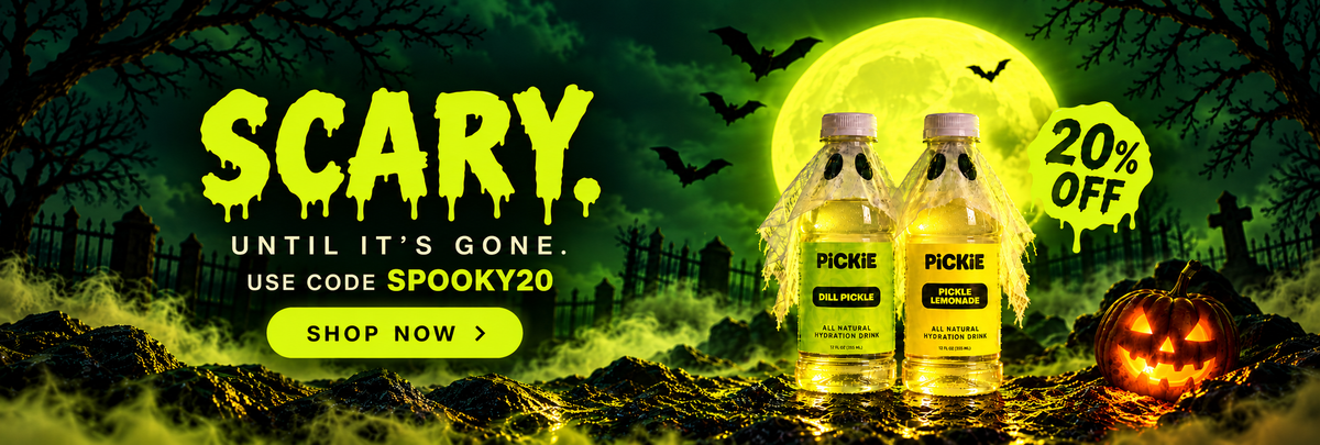 Scary. Until it’s gone. PiCKiE Dill Pickle and Pickle Lemonade with ghost costumes, pumpkins and a neon moon. Shop now.