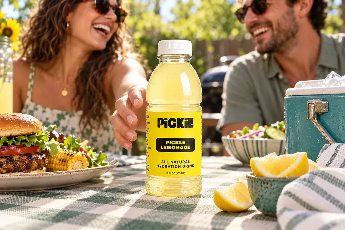 Chilled PiCKiE Pickle Lemonade at a sunny backyard lunch with friends