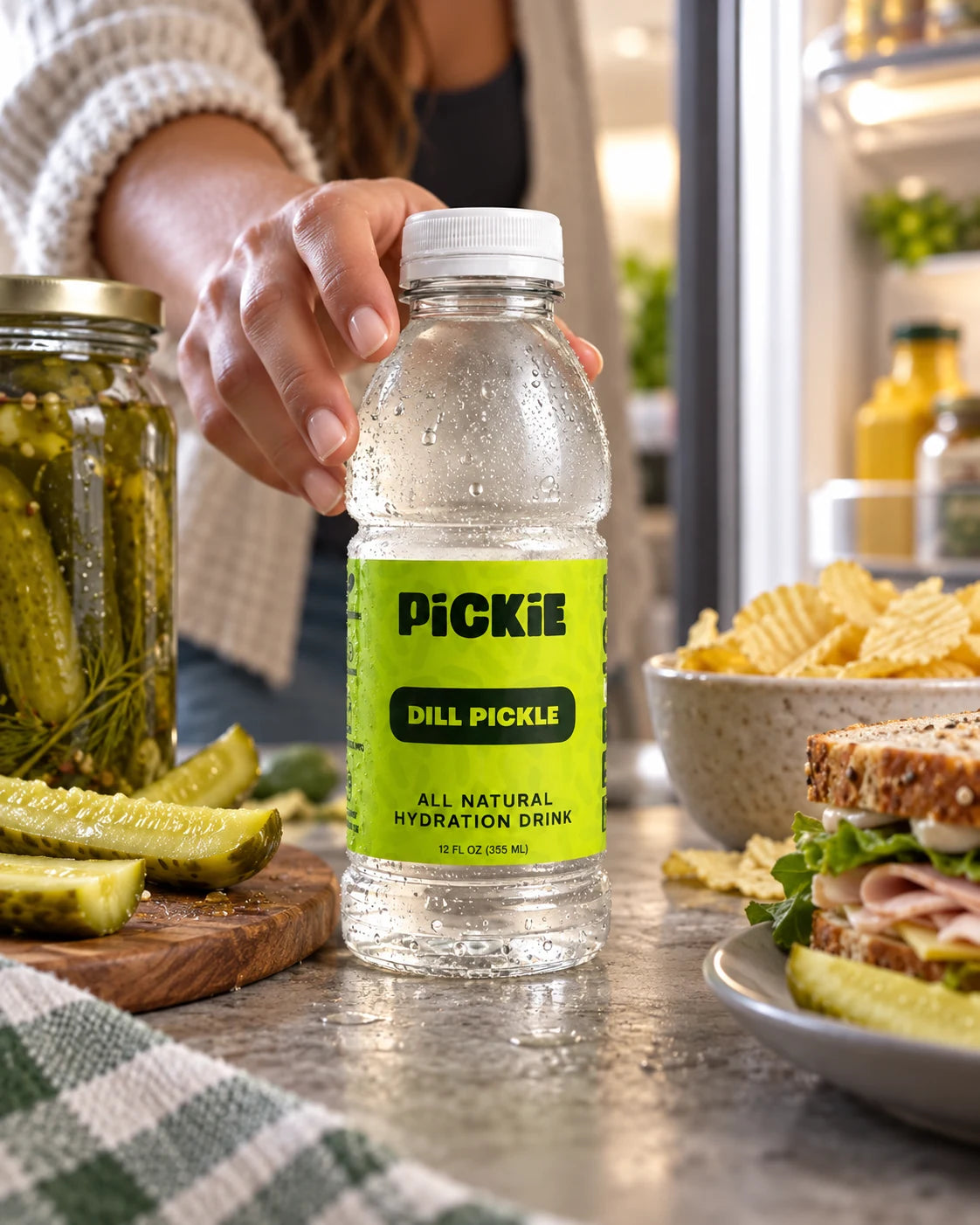 Ice-cold PiCKiE with a deli sandwich and pickles