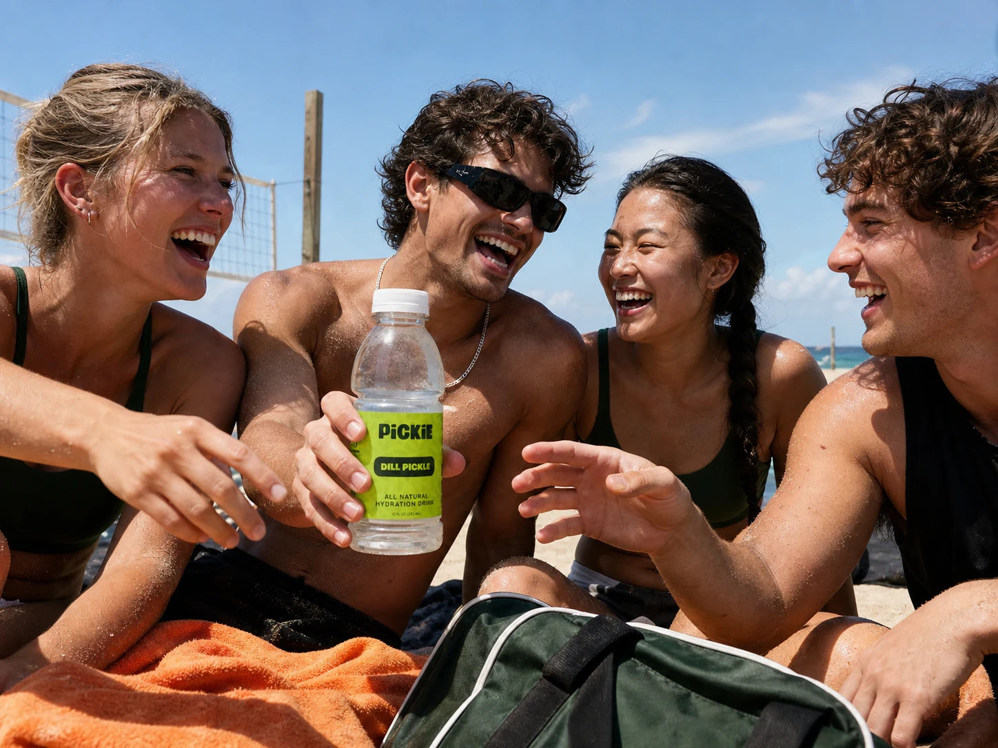 Four friends enjoying PiCKiE together at the beach