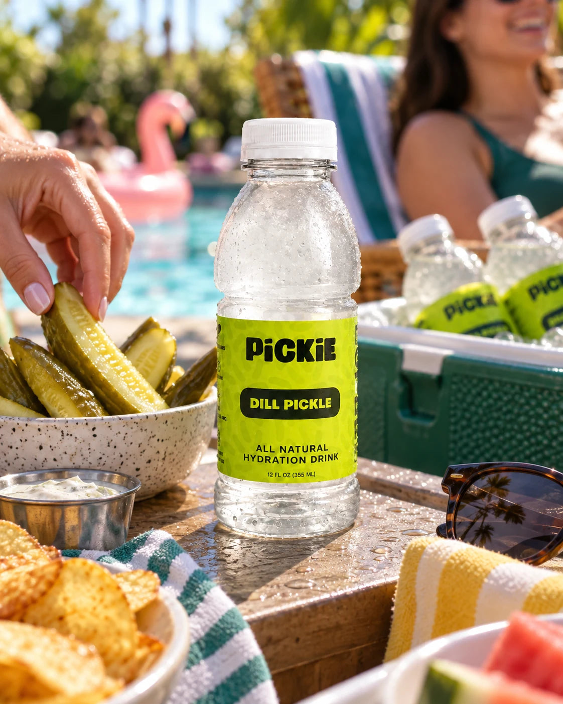 PiCKiE on a sunny poolside table with a stocked cooler
