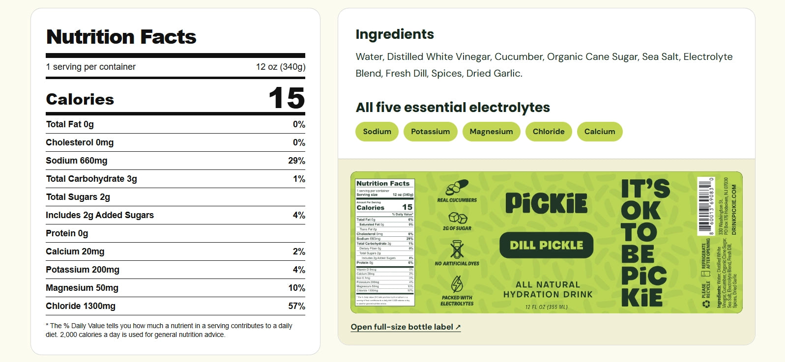 Original PiCKiE Nutrition Facts and Ingredients visual: 15 calories, 2g sugar, sodium 660mg, potassium 200mg, magnesium 50mg, chloride 1300mg, calcium 20mg. Ingredients include water, distilled white vinegar, cucumber, organic cane sugar, sea salt, electrolyte blend, fresh dill, spices and dried garlic.